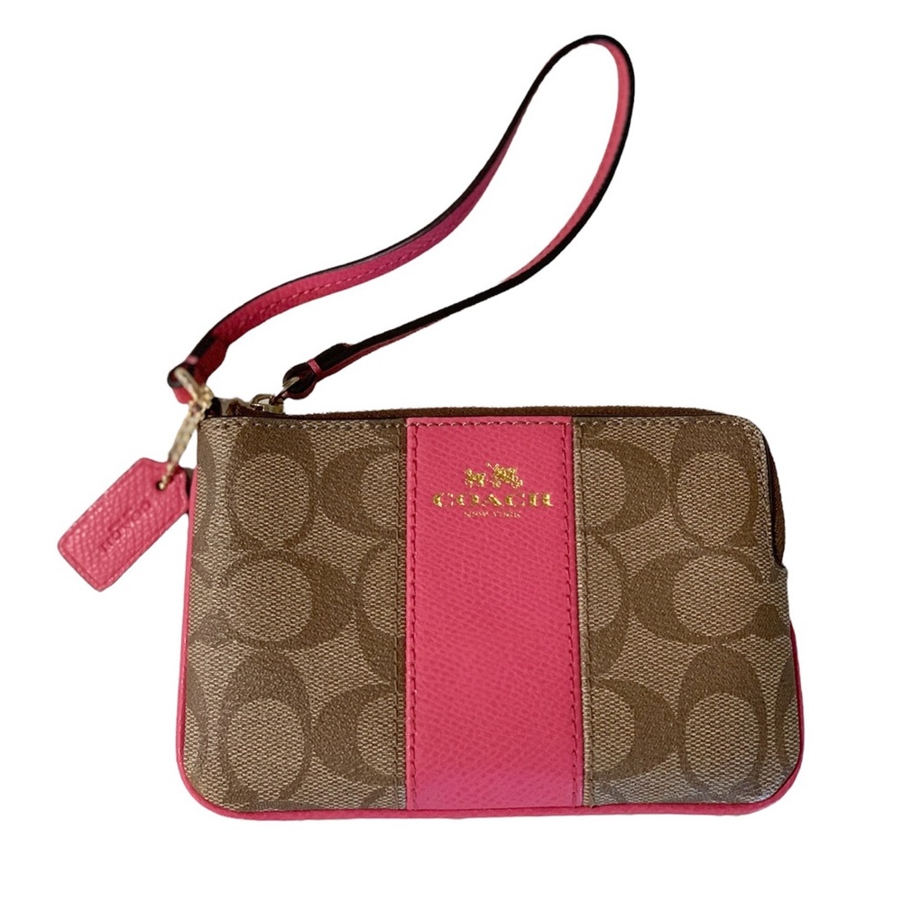 COACH Corner Zip Wristlet In Signature Canvas Khaki / Dahlia F64233